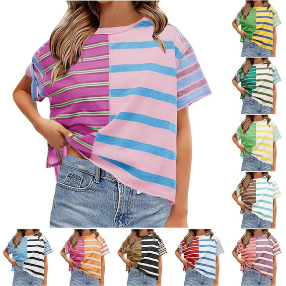 Axiiglly Striped Shirt for Women Casual Crew Neck Tee Shirt Color Block Loose Summer T-Shirts Short Sleeve Fashion Going Out Tops