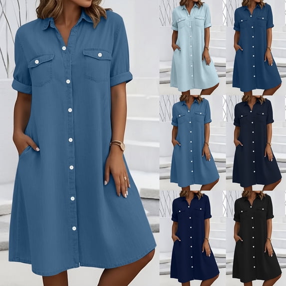 Axiiglly Summer Denim Shirt Dresses for Women 2026 Collared Button Down Rolled Sleeve Midi Dresses with Pockets Trendy A Line Dress, S-2XL