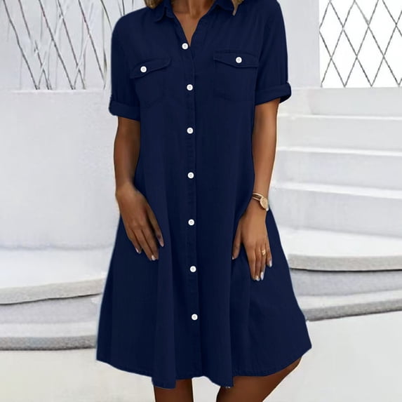Axiiglly Summer Denim Shirt Dresses for Women 2026 Collared Button Down Rolled Sleeve Midi Dresses with Pockets Trendy A Line Dress, S-2XL