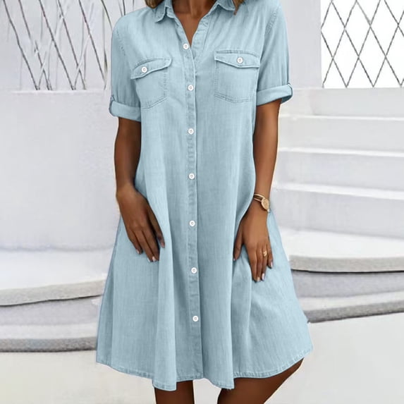 Axiiglly Summer Denim Shirt Dresses for Women 2026 Collared Button Down Rolled Sleeve Midi Dresses with Pockets Trendy A Line Dress, S-2XL