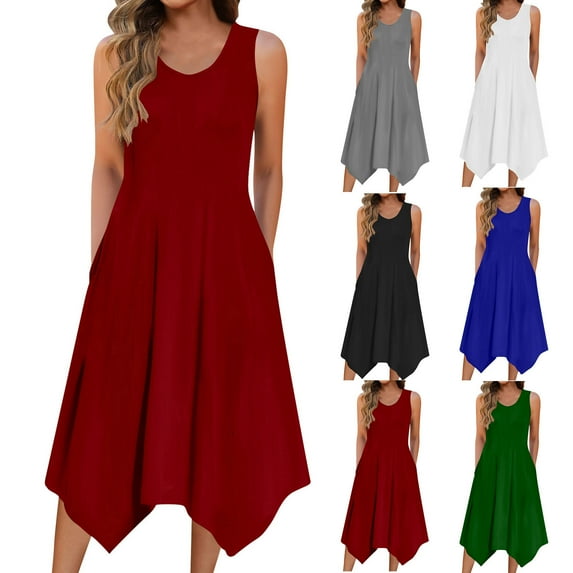 Axiiglly Summer Dress for Women Casual Midi Dress Irregular Hem Vacation Beach Dresses Soft Crew Neck Party Sundress with Pockets Solid Color Flowy Tank Dresses