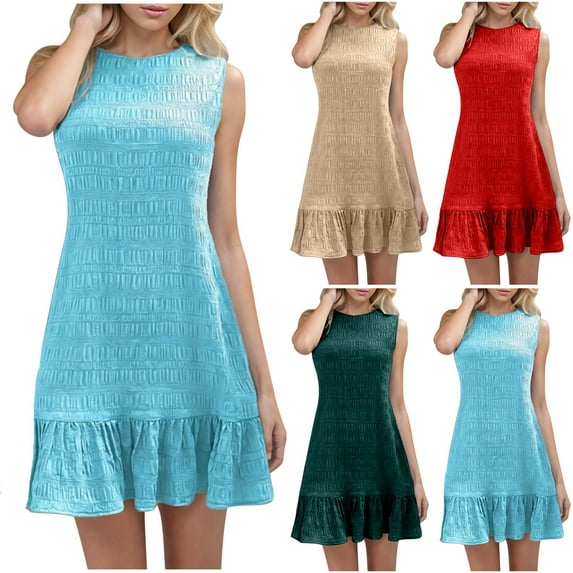 Axiiglly Summer Dress for Women Sleeveless Flowy Tank Dress Solid Color Ruched Sundresses Casual Summer Beach Dress Crew Neck Vacation Mini Dress
