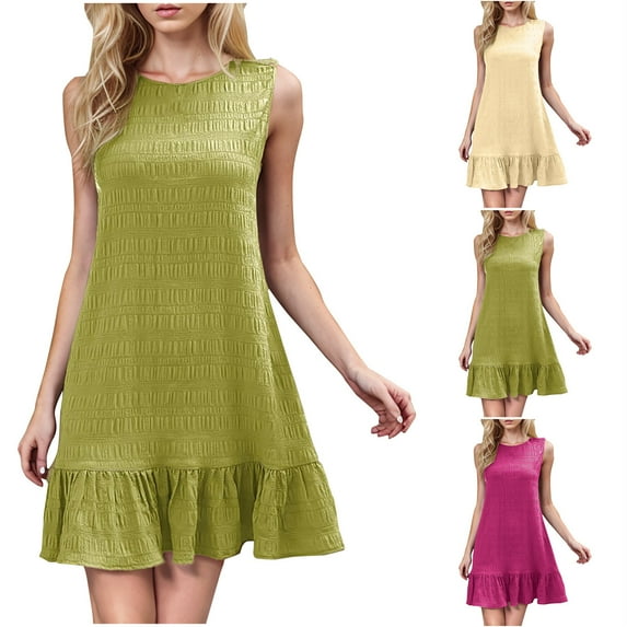 Axiiglly Summer Dress for Women Sleeveless Flowy Tank Dress Solid Color Ruched Sundresses Casual Summer Beach Dress Crew Neck Vacation Mini Dress