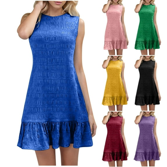 Axiiglly Summer Dress for Women Sleeveless Flowy Tank Dress Solid Color Ruched Sundresses Casual Summer Beach Dress Crew Neck Vacation Mini Dress