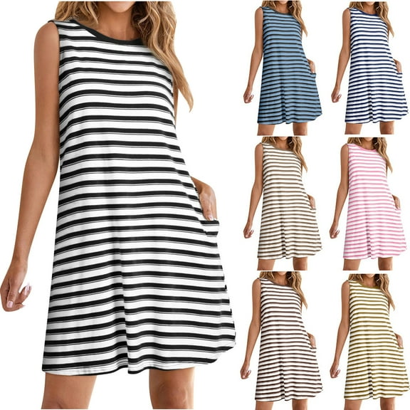 Axiiglly Summer Dresses for Women Striped Print Tank Dress Loose Flowy Casual Sundress Crew Neck A Line Tunic Dresses Vacation Beach Dress with Pockets