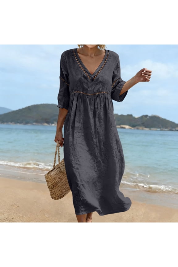 Summer Dresses for Women 2026 Cotton Linen V Neck Half Sleeve Beach Boho Eyelet Lace Trim Flowy Maxi Sundresses Black L
