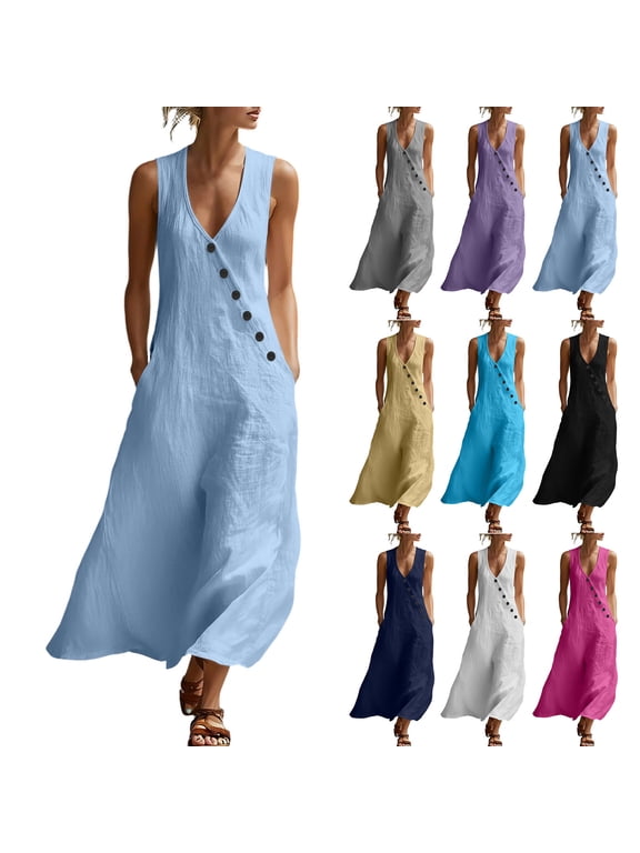 Summer Dresses for Women 2026 Cotton Linen V Neck Sleeveless Boho Beach Flowy Maxi Sundresses with Pockets, S-3XL