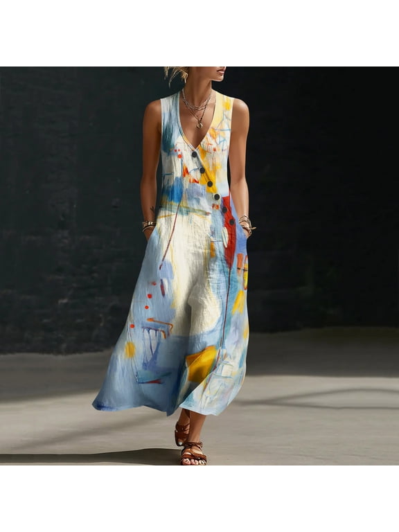 Summer Dresses for Women 2026 Floral Print V Neck Sleeveless Boho Vacation Flowy Maxi Sundresses with Pockets, S-3XL