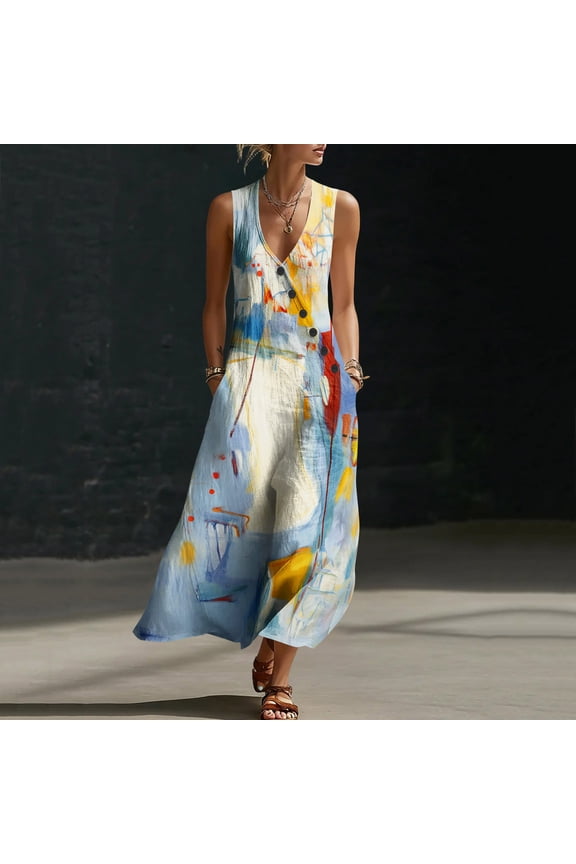 Summer Dresses for Women 2026 Floral Print V Neck Sleeveless Boho Vacation Flowy Maxi Sundresses with Pockets, S-3XL