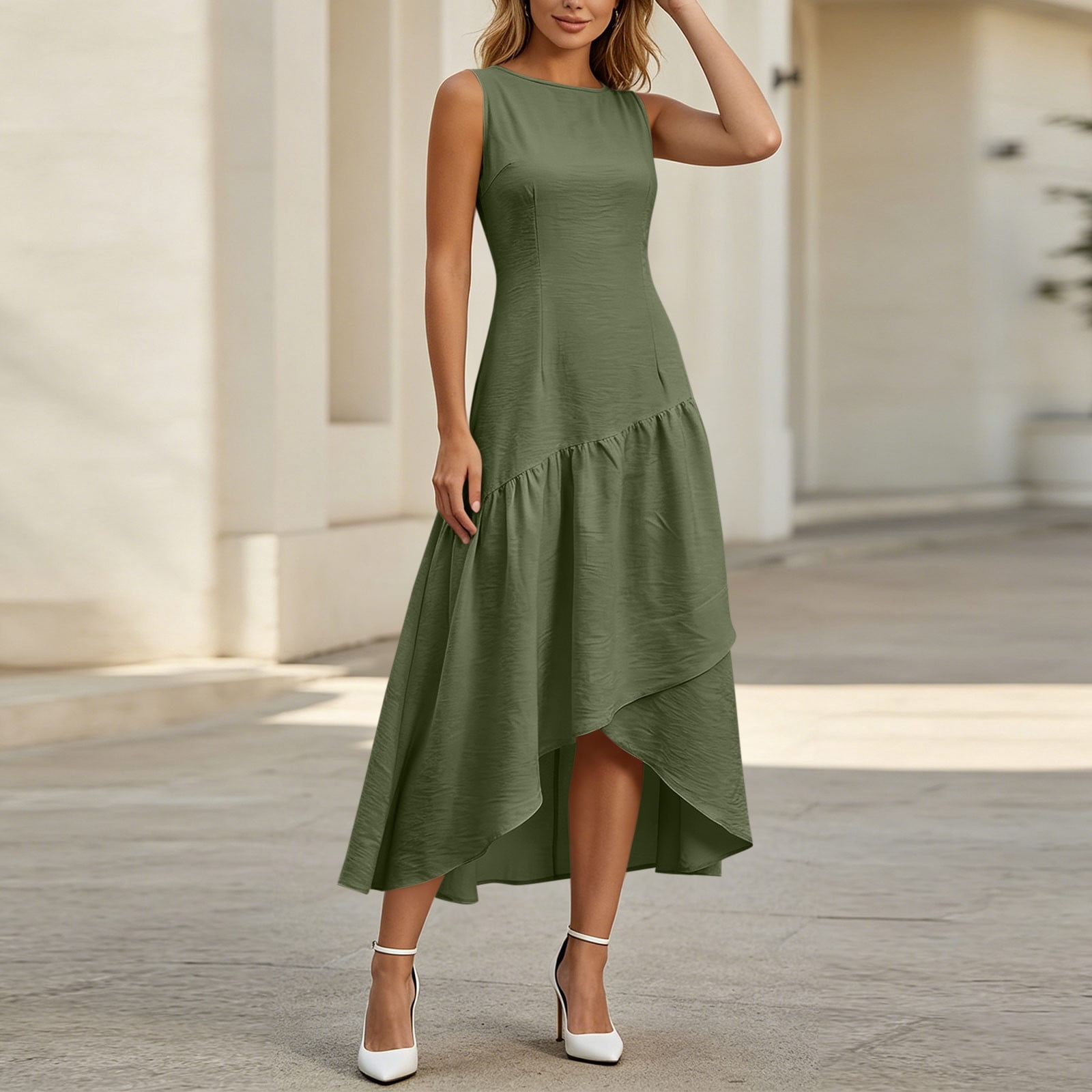 high fashion summer dresses Axiiglly Summer Dresses for Women 2026 Sleeveless Ruffle High Low Midi Dress Fashion Beach Vacation Boho Flowy Sundresses, S-2xl, Women's, Red