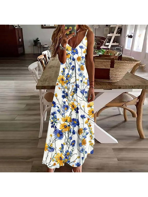 Summer Dresses for Women 2026 V Neck Floral Sleeveless Spaghetti Boho Flowy Sundresses, S-5XL