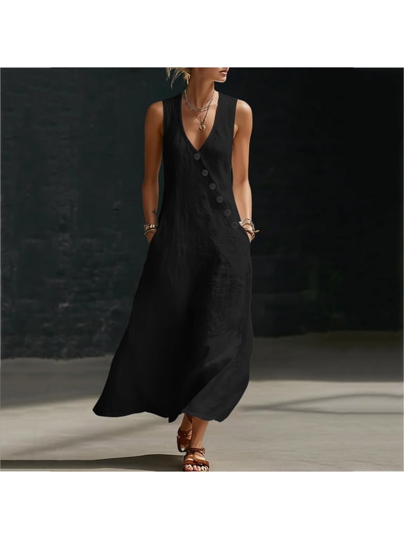 Summer Dresses for Women Cotton Linen V Neck Sleeveless Boho Beach Flowy Maxi Sundresses with Pockets Black 2XL
