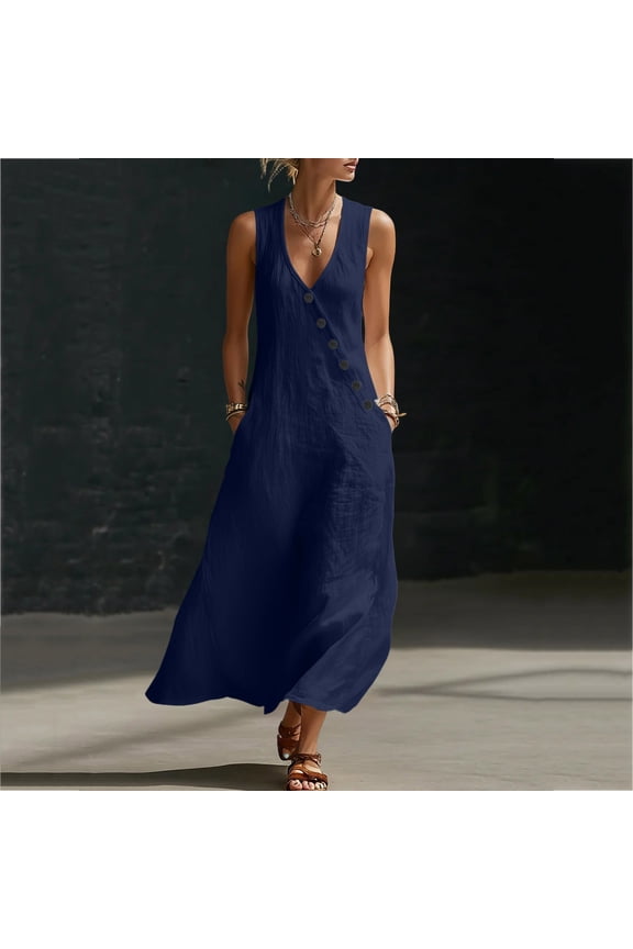 Summer Dresses for Women Cotton Linen V Neck Sleeveless Boho Beach Flowy Maxi Sundresses with Pockets, S-3XL