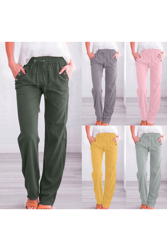 Summer Pants for Women Drawstrings Beach Pants Casual Straight Leg Pants with Pockets Lightweight Elastic Waist Pants