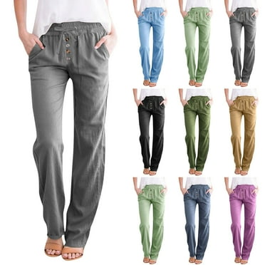 Axiiglly Summer Pants for Women Elastic Waist Straight Leg Pants Outdoor Beach Hiking Pants Plus Size Drawstring Casual Pants with Pockets