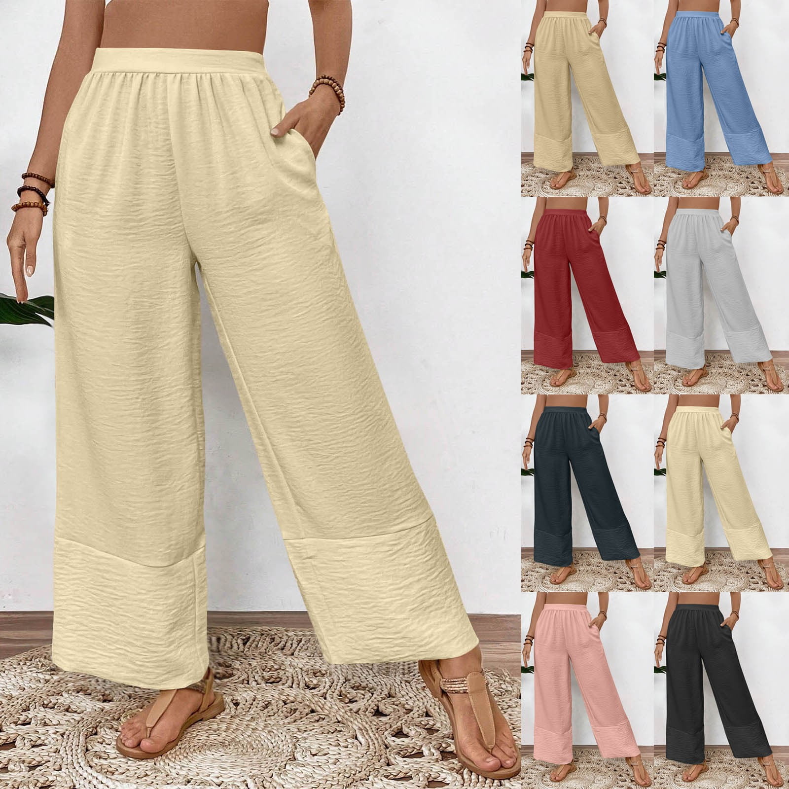Axiiglly Summer Pants for Women Elastic Waist Wide Leg Pants Solid ...