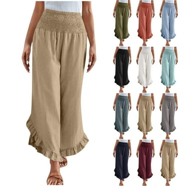 Axiiglly Summer Pants for Women Elastic Waist Wide Leg Pants Solid Color Ruffle Beach Pants Loose Baggy Casual Pants with Pockets