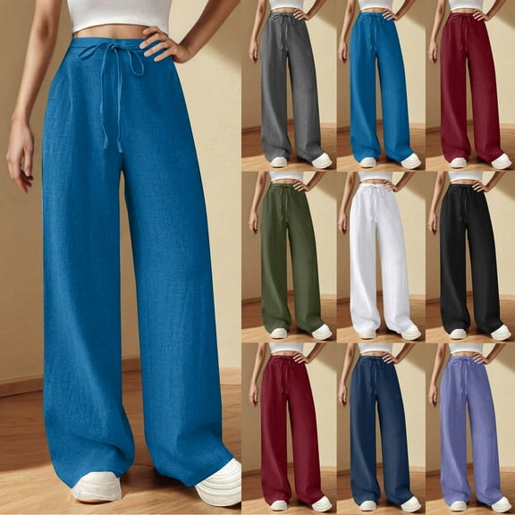 Axiiglly Summer Pants for Women Outdoor Drawstrings Beach Pants Loose Baggy Casual Pants with Pockets Elastic Waist Wide Leg Pants