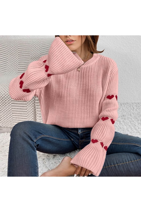 Sweaters for Women Heart Print Pullover Sweaters Casual Versatile Knit Sweater Long Sleeve Crew Neck Fall Maternity Clothes Comfy Loose Fit Chunky Sweaters