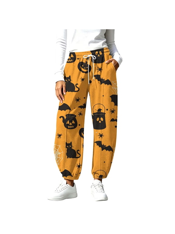 Sweatpants Women, Halloween Printed Elastic Drawstring Waist Joggers with Pockets, Casual Outdoor Party Long Trousers,Orange XL
