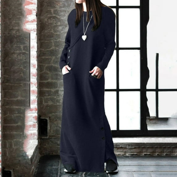 Axiiglly Sweatshirt Dress for Women Crew Neck Plus Size Dresses Loose Soft Button Casual Dresses with Pockets Solid Color Side Split Comfy Maxi Dresses