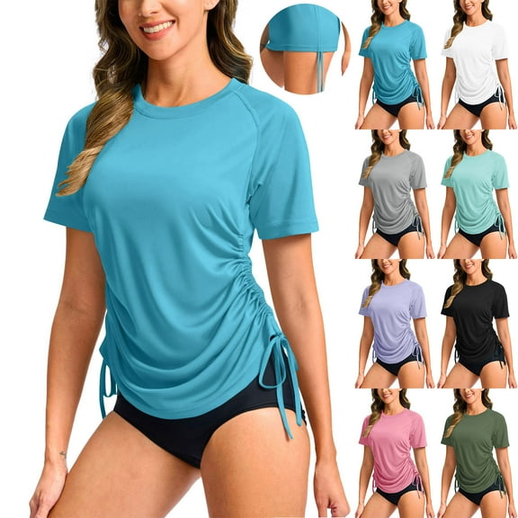 Axiiglly Swim Shirts for Woman Short Sleeve Sun Shirt Sun Protection Hiking Shirts Lightweight Running Workout Top Side Drawstrings UPF Fishing Shirts