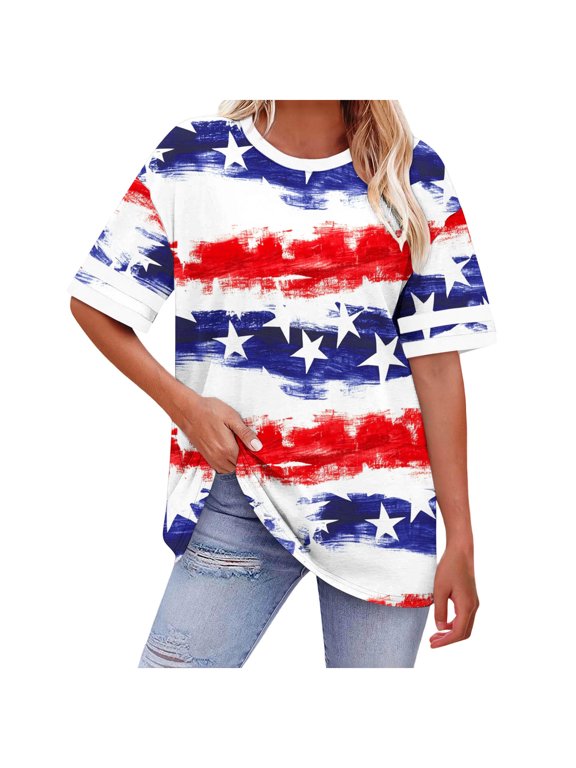 T Shirts for Women USA Flag 4th of July Short Sleeve Shirts Plus Size Patriotic Holiday Graphic Tee Tops, S-5XL