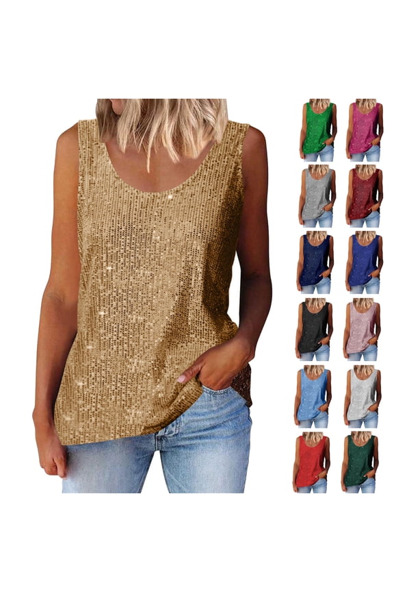 Tank Top for Women Crew Neck Sequin Tank Top Sparkly Loose Sleeveless Cami Shirts Plus Size Summer Casual Tank Top