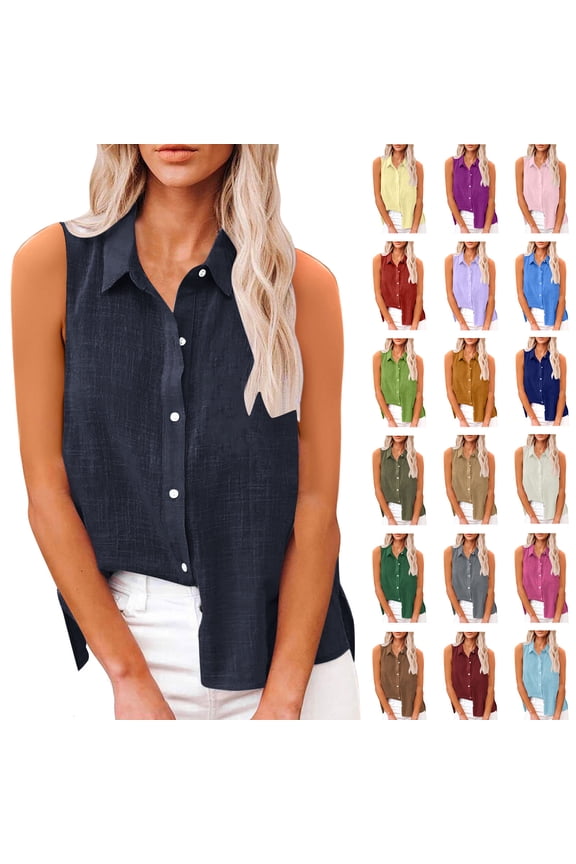 Tank Top for Women Sleeveless Button Down Shirts Plus Size Cotton Linen Blouse Summer Casual Lightweight Basic Tank Tops
