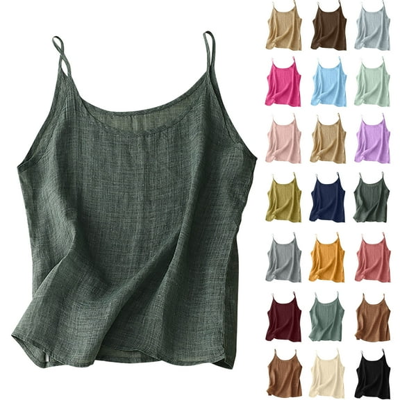 Horkkom Tank Top for Women Spaghetti Strap Linen Tank Tops Solid Color Plus Size Sleeveless Camisoles Summer Casual Lightweight Cotton Cami Tops