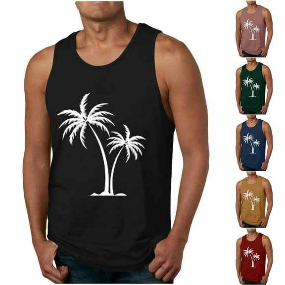 Axiiglly Tank Tops Men Hawaiian Beach Tank Top Undershirt Plus Size Compression Bodybuilding Muscle Shirts Vacation Casual Slim Fit Sleeveless Shirts Palm Graphic Gym Workout Tank Tops