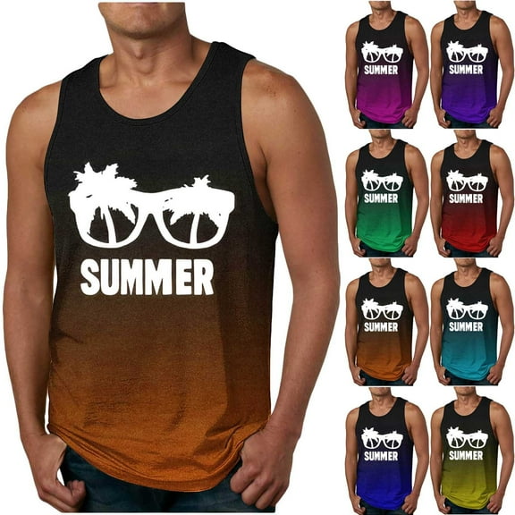 Axiiglly Tank Tops for Men Summer Beach Tank Tops Gradient Color Sleeveless Undershirts Palm Printed Gym Tank Top Casual Hawaiian Slimming Tank Tops