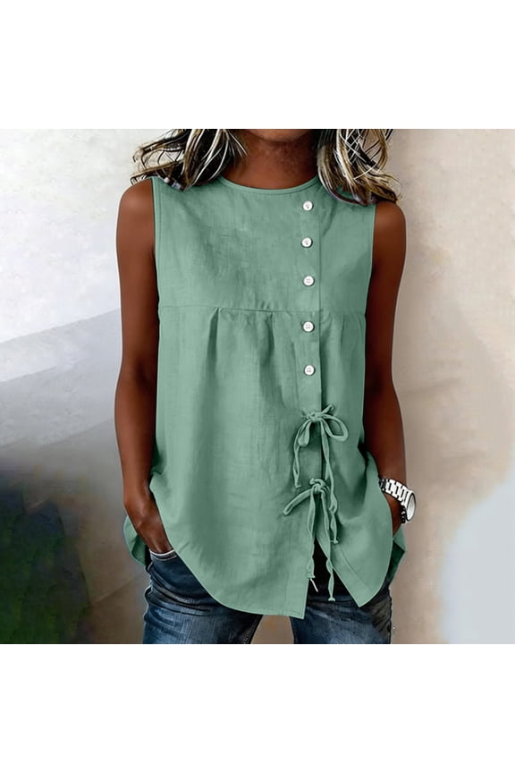 Tank Tops for Women Cotton Linen Button Front Drawstring Sleeveless Boho Beach Loose Summer Blouses, S-2XL