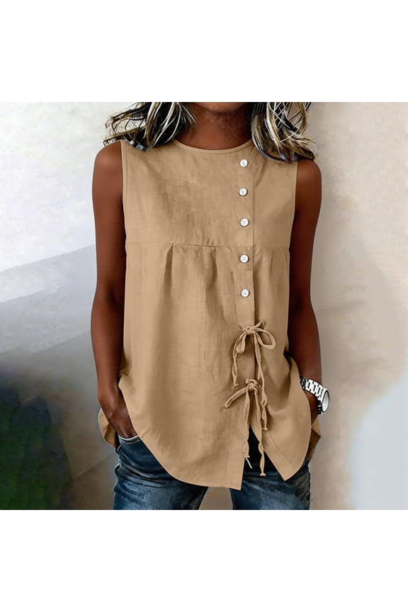 Tank Tops for Women Cotton Linen Button Front Drawstring Sleeveless Boho Beach Loose Summer Blouses, S-2XL