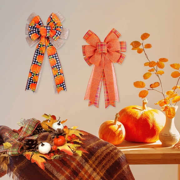 Axiiglly Thanksgiving Fall Decor Bows, 19x10"Large Orange Pumpkin Plaid Hanging Bow Fall Decorations for Home Pre-Tied Bows for Wreaths Swag Indoor Outdoor Holiday Decor