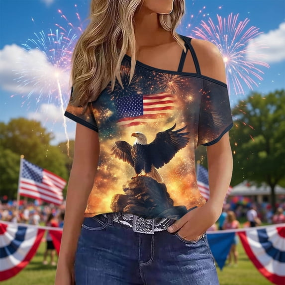 Axiiglly USA Flag T Shirts for Women Off Shoulder Stars and Stripes Patriotic Short Sleeve Shirts 4th of July Graphic Summer Tee Tops, S-2XL