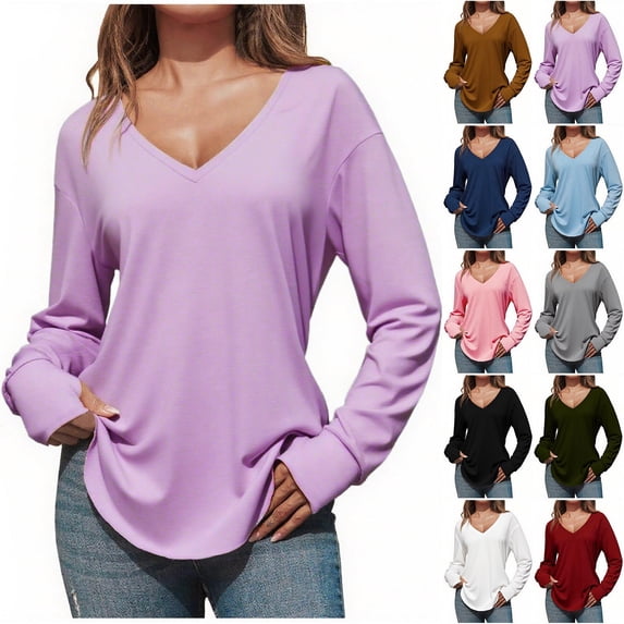 Horkkom V Neck Tops for Women Casual Solid Color Long Sleeve Shirts Loose Fall Outfits for Women 2025 L