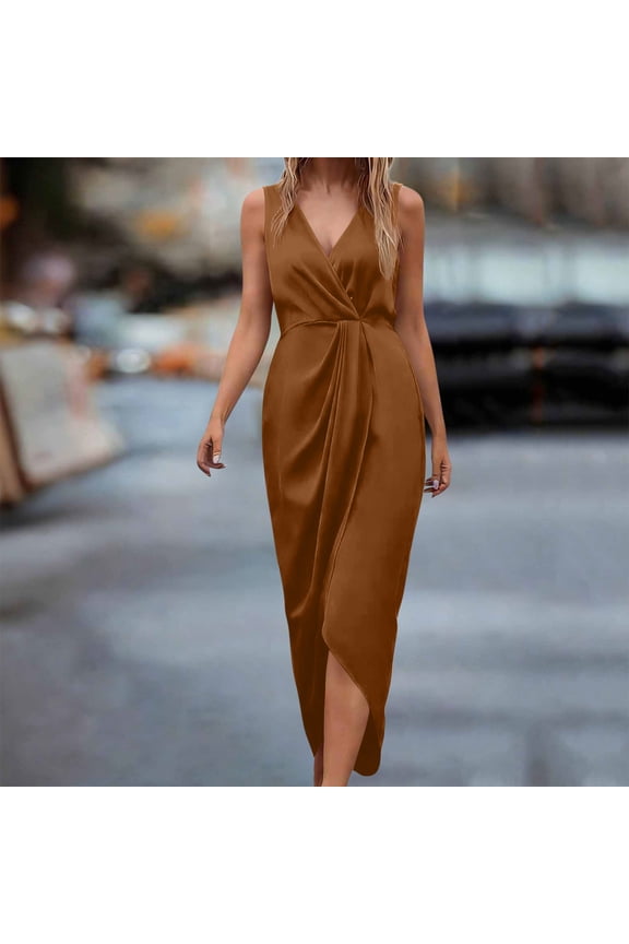Wedding Guest Dresses for Women V Neck Ruched Waist Bodycon Formal Dress Fashion Cocktail Evening Satin Midi Dress