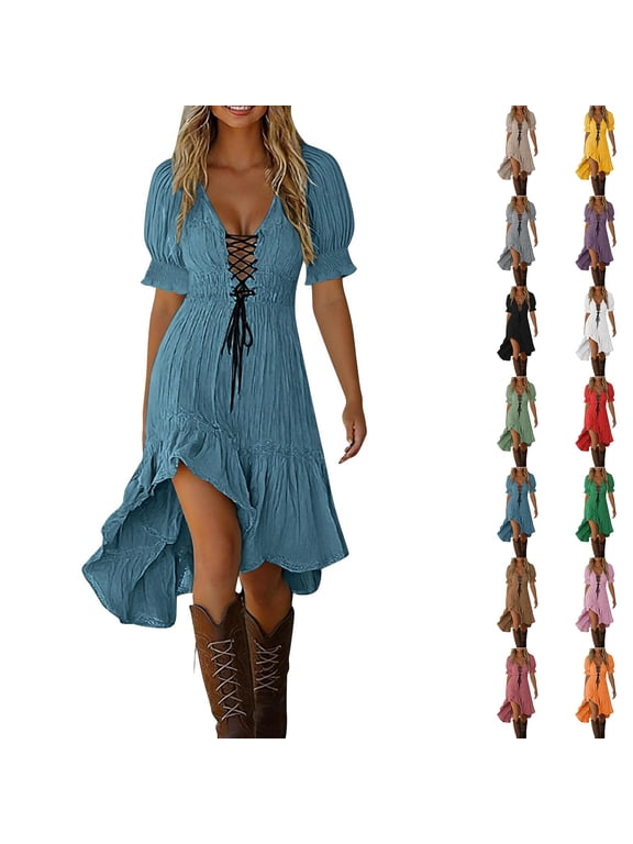 Western Dress for Women V Neck Puff Sleeve Lace Up Vintage Knee Length High Low Cowgirl Dress Flowy Ruffle Summer Beach Vacation Dress, S-2XL