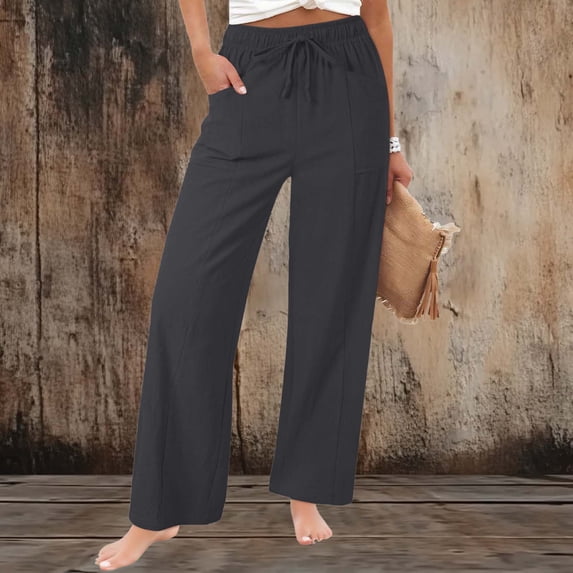 Antqov Wide Leg Cotton Linen Pants Women Summer High Waisted Straight Loose Pockets Palazzo for Vacation Travel 2026, S-2XL