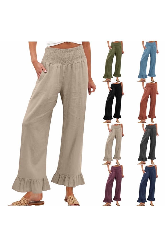 Wide Leg Pants Woman Ruffle Hem High Waisted Pants Summer Casual Boho Loose Flowy Pants with Pockets