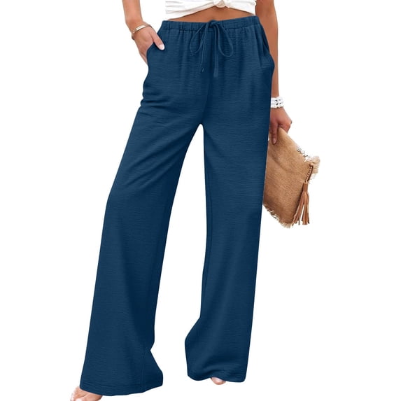 Axiiglly Wide Leg Pants for Women Drawstring Elastic Wasit Flowy Palazzo Stretch Loose Yoga Pants with Pockets, S-2XL