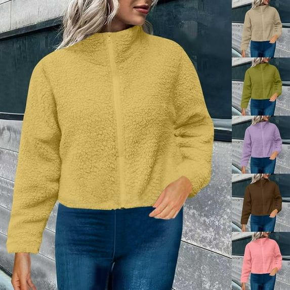 Horkkom Winter Coats for Women Fuzzy Fleece Jacket Full Zipper Cropped Coat Solid Color Casual Coat Long Sleeve Warm Outwear with Pockets