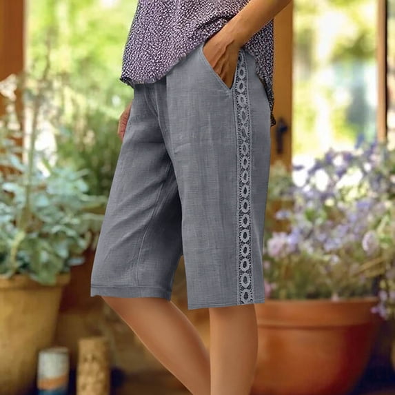 Axiiglly Women Linen Shorts Knee Length Lace Side Bermuda Shorts Summer Beach Lightweight Capri Pants, S-2XL