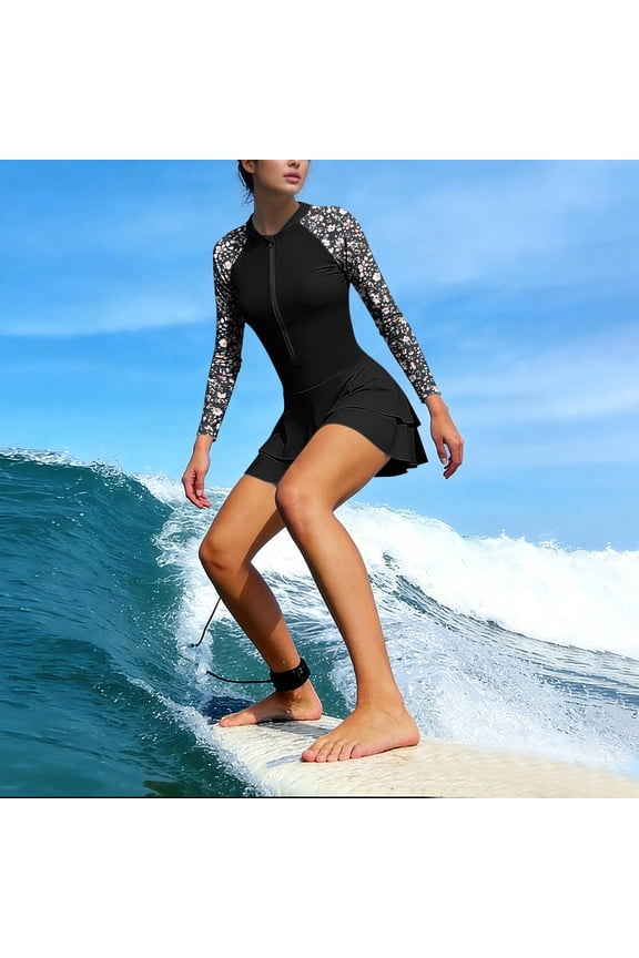Women Long Sleeve Swimsuits One Piece Dress Rash Guard Zipper Modest Bathing Suit Skirt with Shorts Sun Protection UPF 50+, S-2XL