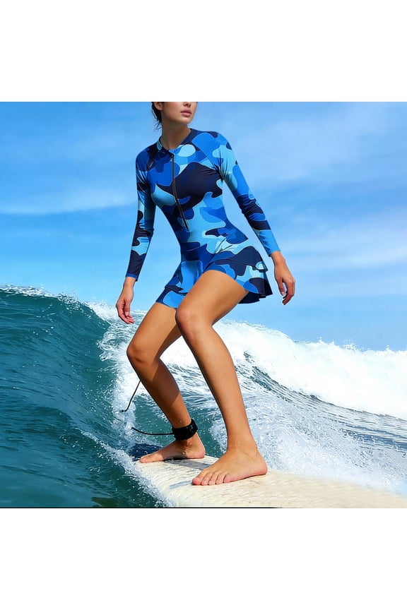 Women Long Sleeve Swimsuits One Piece Dress Rash Guard Zipper Modest Bathing Suit Skirt with Shorts Sun Protection UPF 50+, S-2XL