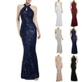 thumbnail image 1 of Horkkom Women Prom Dress Halter Neck Evening Gowns Sleeveless Sequin Dress Bodycon Mermaid Maxi Long Dress Sparkly formal Party Dress, 1 of 3