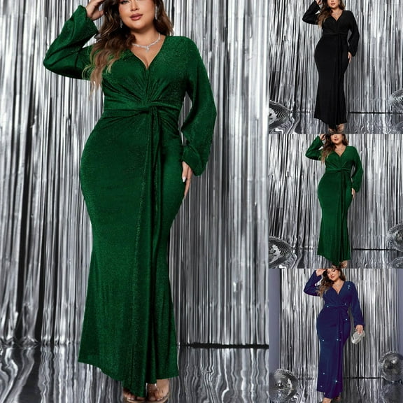 Axiiglly Women Prom Dress Long Sleeve Wrap Dress V Neck Glitter Bodycon Maxi Dress Plus Size Cocktail Party Wedding Guest Dresses