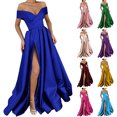 thumbnail image 1 of Axiiglly Women Prom Dress Off Shoulder Satin Dresses V Neck Ruched Hem Maxi Dress High Slit Cocktail Wedding Dresses, 1 of 7