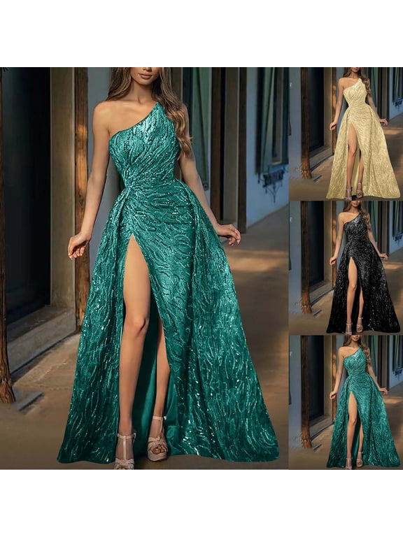 Women Prom Dress Sparkly Sequins Maxi Dresses One Shoulder formal Evening Gown Glitter Party Club Cocktail Dress
